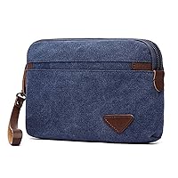 Canvas Wristlet Bag Large Clutch Bag Wallet Purse Zipper Pouch Handbag Organizer with Leather Strap for Men (Blue)