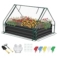 4x3x1 FT Metal Raised Garden Bed with Greenhouse 1 Large Zipper Windows Dual Use,Galvanized Steel Raised Garden Bed for Gardening Vegetables Fruit ,20pcs T-Types Tags & 1 Pair of Gloves