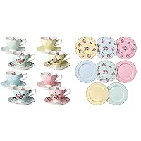 BTaT- Floral Tea Cups and Saucers, Set of 8, 8 oz and Porcelain Floral Plates, 8 inch, Set of 8