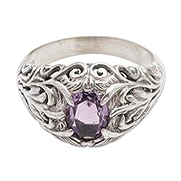 NOVICA Artisan Handmade Amethyst Cocktail Ring .925 Sterling Silver from Bali Purple Indonesia Birthstone 'Bali Hillside'