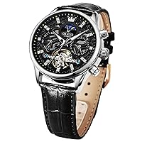 OLEVS Men Skeleton Watch Automatic Mechanical Dress Casual Brown Black Leather Moon Phase Luminous Waterproof Wrist Watches