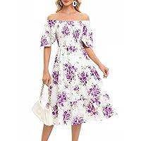 Bbonlinedress Womens Casual Floral Summer Smocked Beach Party Boho Midi Square Neck Dress