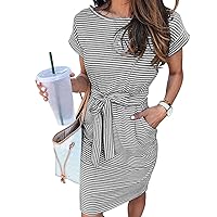 MEROKEETY Women's Summer Striped Short Sleeve T Shirt Dress Casual Tie Waist with Pockets