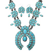 Chunky Western Squash Blossom Statement Necklace and Earrings Set Navajo Pearl