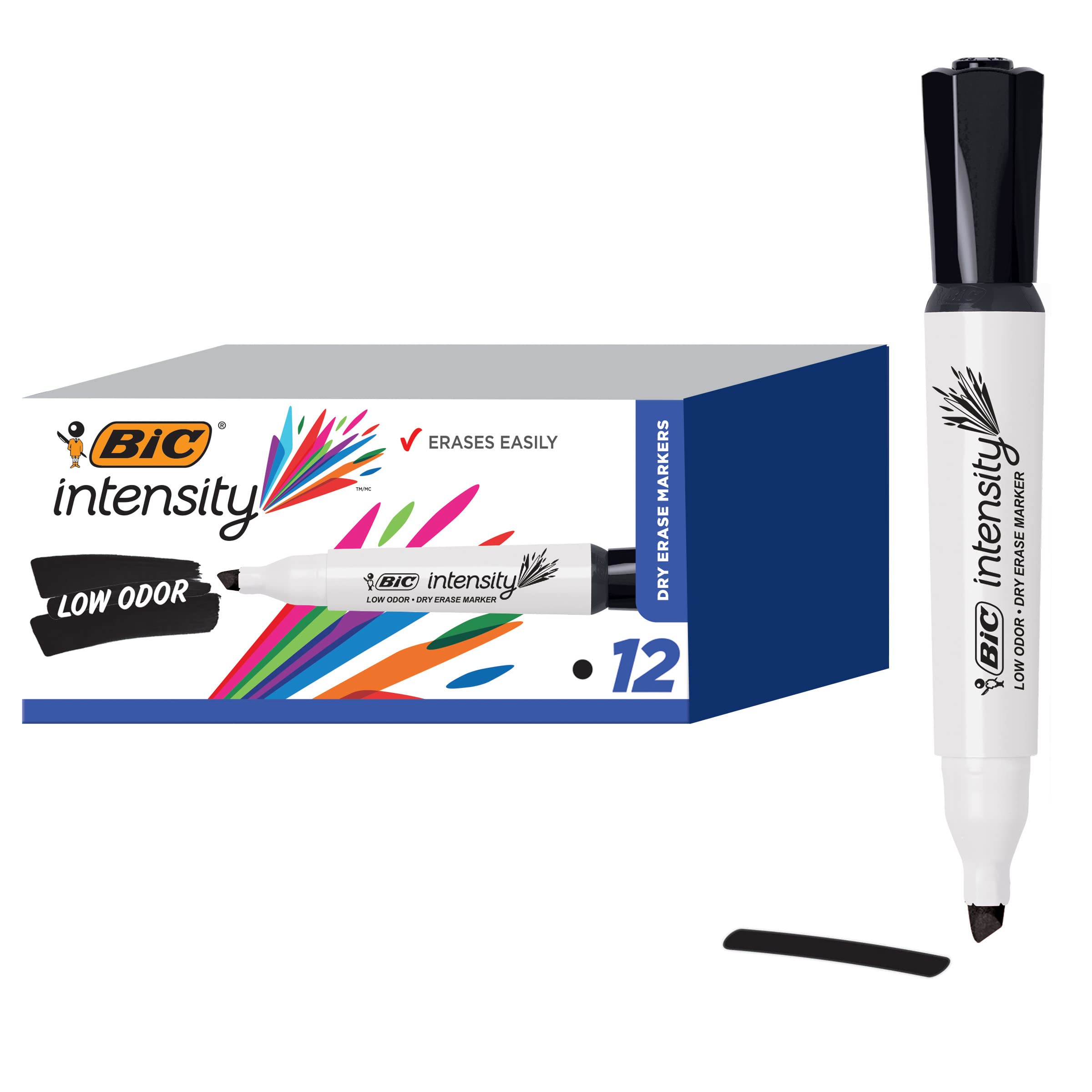 BIC Intensity Black Low Odor Dry Erase Markers, Chisel Tip, 12-Count Pack of Erasable Markers With Low-Odor Ink for a Pleasant Writing Experience