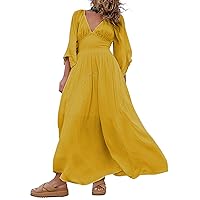 Women's Summer Maxi Dress Romantic V-Neck Exaggerated Sleeve, Smocked Bodice and Embroidered Lace Piecing Skirt with Pocket