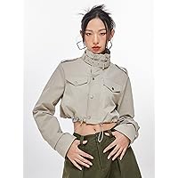 Women's Jackets Flap Detail Drawstring Hem Crop Jacket Lightweight Fashion (Color : Khaki, Size : Small)