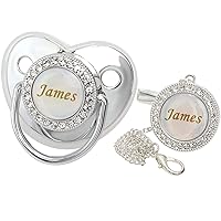 Customized Pacifier with Name, Bling Silver Personalized Pacifier Gift Set with Gift Box Greeting Card, Glitter Crystal Luxurious Dummy Gift for Boys Baby Shower Newborn Photography(Silver)