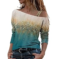 Trendy Blouse for Women Marble Print Off Shoulder T-Shirt Long Sleeve Loose Tshirt Blouse Y2K Going Out Tops 2023