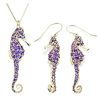 Gold Plated Sterling Silver Seahorse Necklace Pendant and Earrings Polymer Clay Handmade Jewelry Set, 16.5