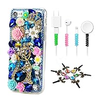 STENES Bling Case Compatible with iPhone 7 / iPhone 8 - Stylish - 3D Handmade [Sparkle Series] Rhinestone Cat Crown Rose Flowers Design Cover with Cable Protector [4 Pack] - Blue