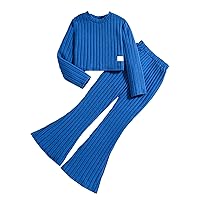 Kids Knitted Shirt and Pants Set Solid Ribbed Knit Long Sleeve T Shirt Top Elastic Soft Leggings Flare Pants Set
