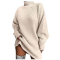 Long Sleeve Romper, Women's Fashion Casual Knitting Solid Color Turtleneck Sweater Mini Dress Winter for Women 2024 White Dresses with Sleeves Red Cocktail Dress Bodycon (XL, Beige)