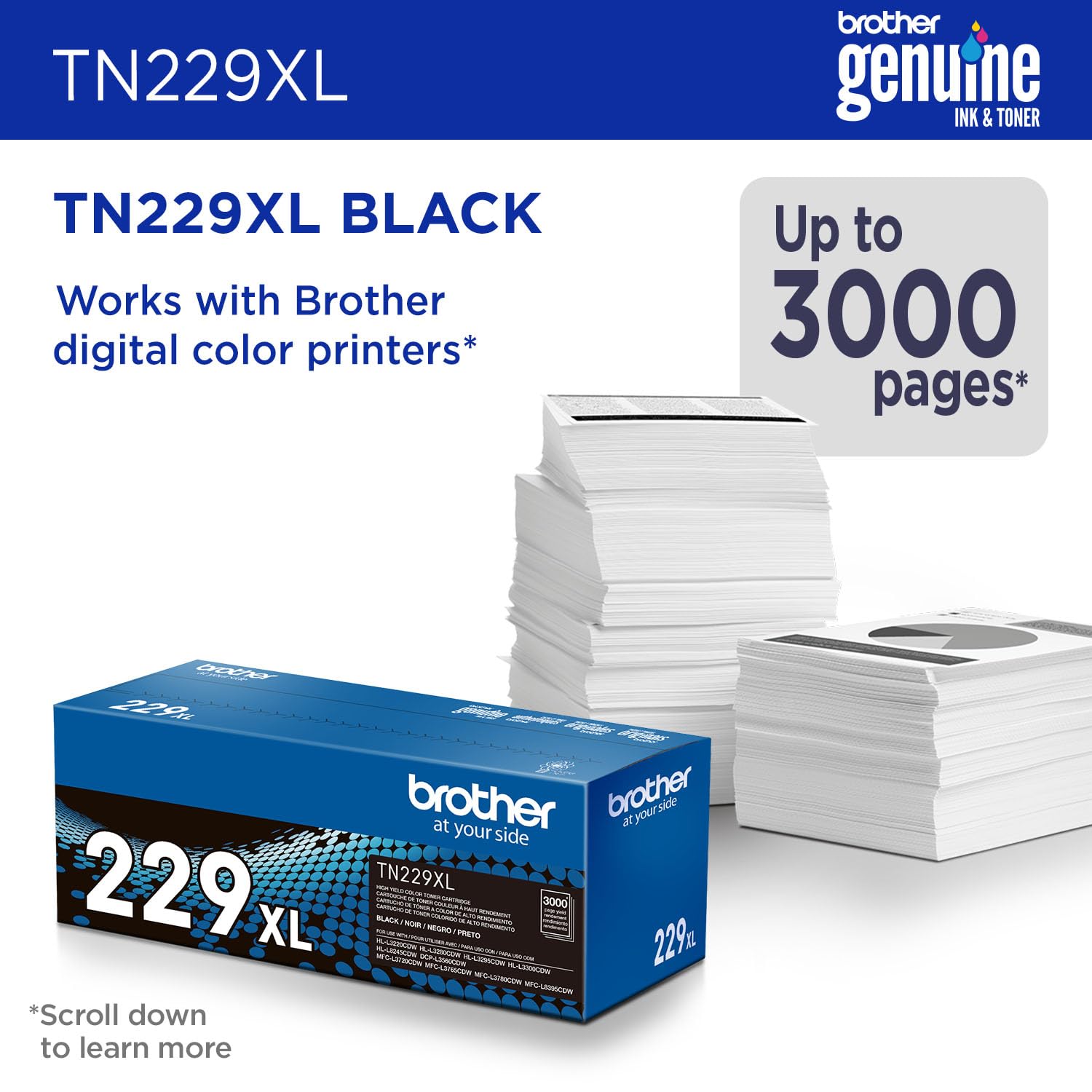 Brother Genuine TN229XLBK Black High Yield Printer Toner Cartridge - Print up to 3,000 Pages(1)