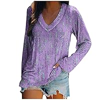 Plus Size Tops for Women 2024 Fall Fashion T Shirt Floral Print Long Sleeve Loose Hide Belly Blouse Casual V Neck Top