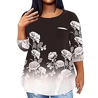 Plus Size Tunic Tops For Women 3/4 Sleeve Sexy Floral Shirts Crewneck Trendy Print Casual Tees Blouses