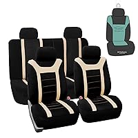 FH Group Automotive Car Seat Covers Sports Full Set Beige Seat Covers, Airbag and Split Rear Universal Fit Interior Accessories for Cars Trucks and SUV with Car Accessories