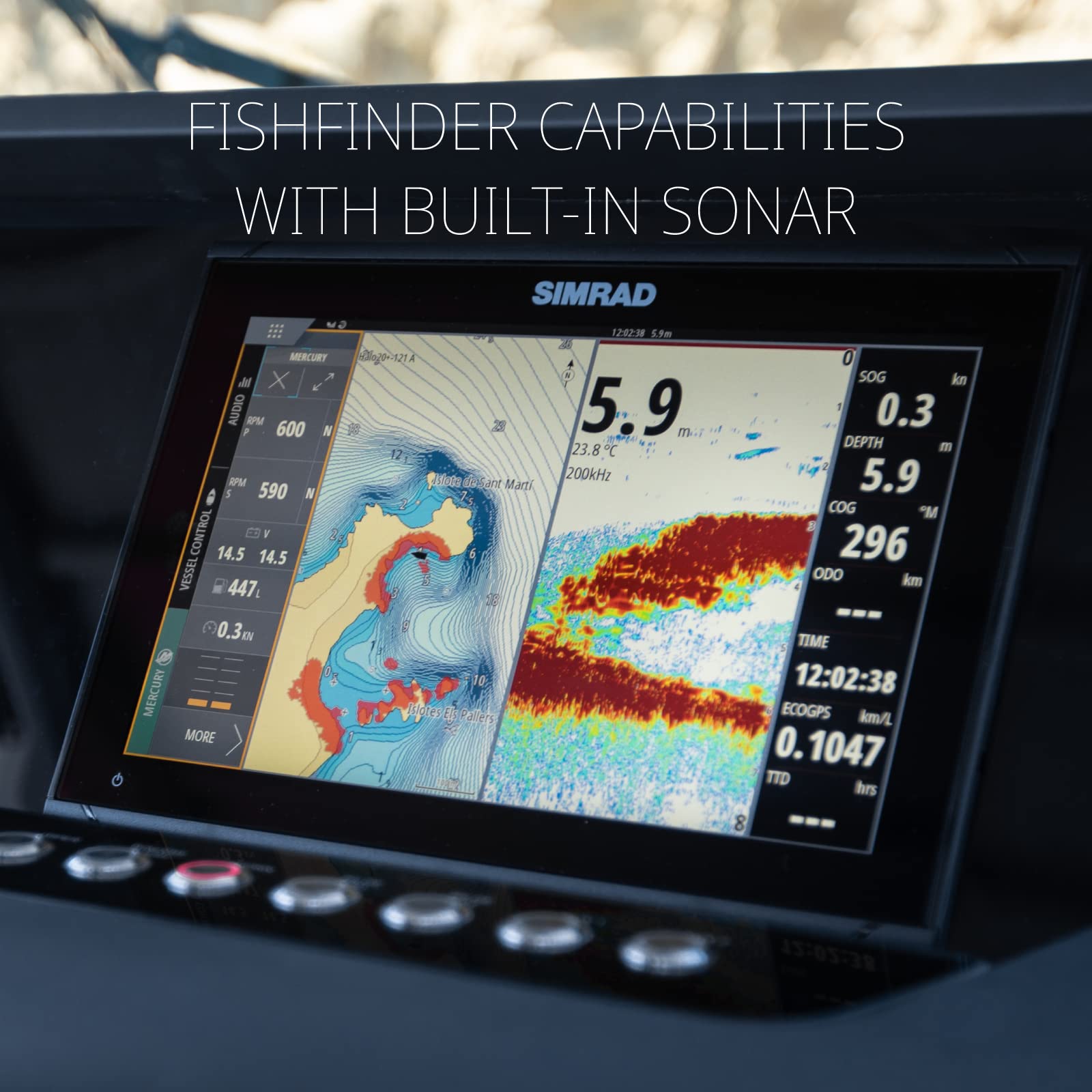 Simrad GO Chartplotter and Fish Finder, with Transducer and Radar Options, Preloaded C-MAP Discover Chart Card