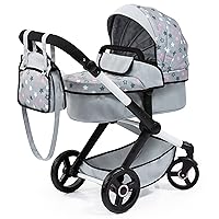 Bayer Design Dolls: Pram Xeo - Grey, Pink, Stars - Includes Shoulder Bag, Fits Dolls Up to 18', Convertible to A Pushchair, Adjustable Handle & Swivel Front Wheels, Accessory for -Plush Toys, Ages 3+