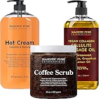 Majestic Pure Cellulite Hot Cream (9 oz), Cellulite Massage Oil (8 oz), and Coffee Scrub (10 oz) Bundle