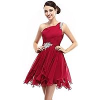 Red One Shoulder Beaded Cut Out Back Cocktail Dress With Ruffled Skirt