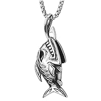 COOLSTEELANDBEYOND Shark Sharp Teeth Fish Skeleton Bone Pendant Necklace Steel Gothic Style, 30 inches Wheat Chain