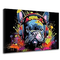 GLOKAKA Hip-Hop Dog Graffiti Wall Art,Kids Room Wall Decor,Funny Colorful Animal Picture Print,French Bulldog with Headphone Pop Art,Bedroom,Bathroom Wall Decor Painting-24 x16