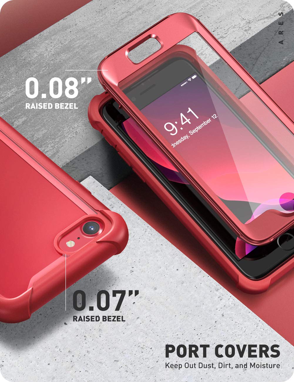 i-Blason Ares for iPhone SE Case 2022 (3rd Gen), [Built-in Screen Protector] Dual Layer Rugged Clear Bumper Case for iPhone SE 2022/ iPhone SE 2020/ iPhone 8/ iPhone 7 (Red)