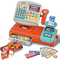 Toy Cash Register for Kids, Pretend Play Store w/ Sounds & Real Calculator & Simulate Weighter, Kids Cash Register with Scanner and Credit Card Play Food Money for Boys Girls Ages 3 4 5 6 7+