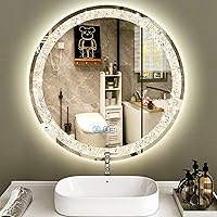 THEKLA Bathroom Crystal Round Mirror with Lights 3 Color 20 inch Round Lighted Mirror for Bathroom Wall Round Vanity Mirror with Lights Dimmable Anti-Fog Crystal Smart Round Circle LED Light up Mirror