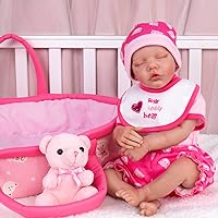 Aori 18 inch Reborn Baby Girl Doll with 10 Pcs Doll Clothes and Pink Bassinet Accessories