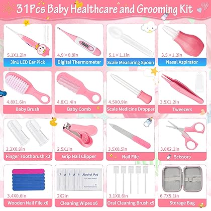 31Pcs Baby Healthcare and Grooming Kit modacraft Baby Safety Set with Hair Brush Scale Measuring Spoon Nail Clippers Lighting Ear Cleaner for Nursery Newborn Baby Girls Boys Kids Pink