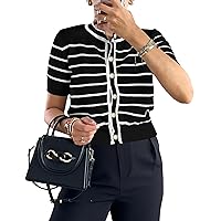 PRETTYGARDEN Womens 2024 Summer Button Down Striped Shirts Short Sleeve Knit Going Out Tops Dressy Casual Cute Ladies Blouses