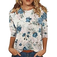 3/4 Length Sleeve Womens Tops Fashion Casual Round Neck Elbow Length Loose Floral Printed T-Shirt Ladies Tunic Tops