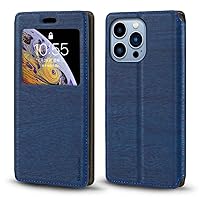 for iPhone 14 Pro Max Case, Wood Grain Leather Case with Card Holder and Window, Magnetic Flip Cover for iPhone 14 Pro Max (6.7”) Blue