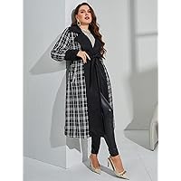 OVEXA Women's Large Size Fashion Casual Winte Plus Plaid Panel Belted Overcoat Leisure Comfortable Fashion Special Novelty (Color : Black and White, Size : 4X-Large)