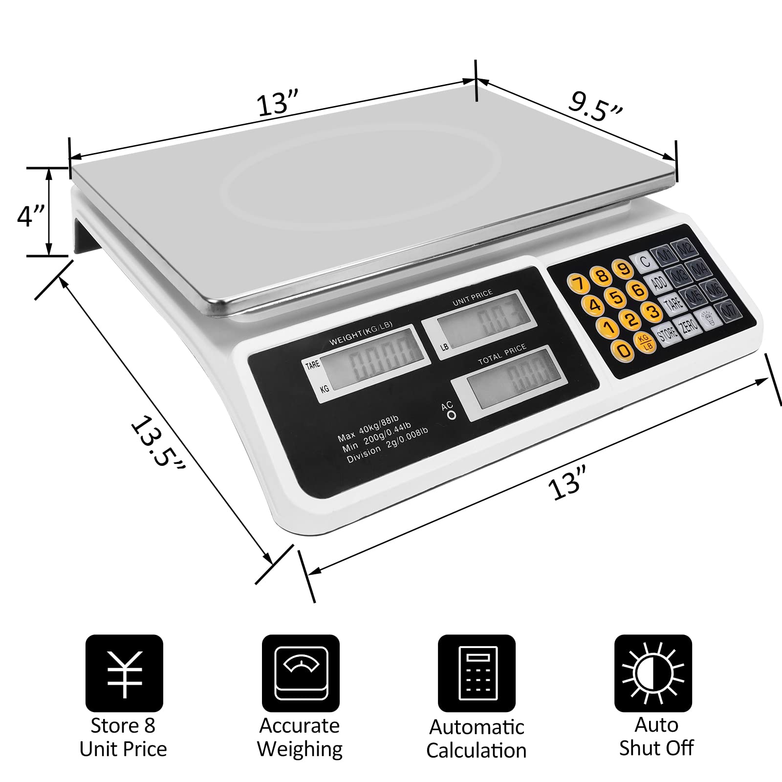 Digital Commercial Price Scale 88lb/40kg Price Computing Scale, Food Produce Counting Weight Scale with Dual LCD Display for Farmers Market, Retail Outlets, Meat Shop, Deli