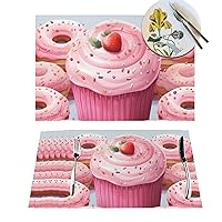 1 Placemats Set Pink Donut and Cupcake PVC Vinyl Woven Table Mats Heat-Resistant Farmhouse Place Mat Non-Slip Washable Woven Placemats for Dining Table Kitchen PVC Table Mat