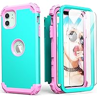 IDweel for iPhone 11 Case with Tempered Glass,Hybrid 3 in 1 Shockproof Slim Fit Heavy Duty Protection Hard PC Cover Soft Silicone Bumper Full Body Case for iPhone 11 6.1 Inch (Mint/Pink)