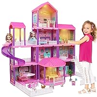 beefunni Doll House, Dollhouse w/Furniture - Pink/Purple Girl Toys | 4 Stories, 11 Rooms w/ 2 Princesses, Slide, Lights, Gifts for 3 4 5 6 7 8 9 10 Year Old Girls Toys(27.6