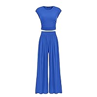 PRETTYGARDEN Womens 2 Piece Set Cap Sleeve Ribbed Knit Ruched Fitted Tops Pleated Flowy Long Pant Matching Sets