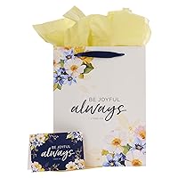 Christian Art Gifts Portrait Gift Bag with Card and Tissue Paper Set - Be Joyful Always - 2 Thessalonians 5:16 Inspirational Bible Verse, Navy Floral, Large