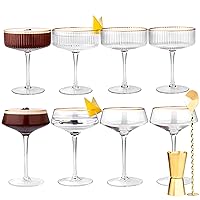 VEMACITY Martini Glasses Bundle *(8 Glasses Total) | 4 x Ripple Coupe Glasses + 4 x Angled Martini Glasses with Gold Rims | 2 x sets of Gold Bar Spoon & Double-Sided Jigger included