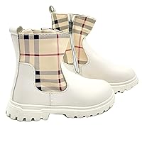 Girls Kids Plaid Stripe Pattern Leather Winter Fashion Zipper Boots