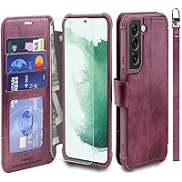 VANAVAGY Compatible with Galaxy S22+ Plus Wallet Case for Women and Men, RFID Flip Leather Cover with Wrist Supports Wireless Charging with Card Holder and Screen Protector,Burgundy