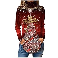 Plus Size Tunic Tops Women Christmas Tree Printed Shirt Winter High Neck Warm Cozy Long Sleeve Blouse Tees