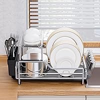 micoe Dish Drying Rack for Kitchen Counter, Aluminum Dish Dryer Rack with Removable and Drainboard Set, Large Dish Drainers with Cup Rack, Utensil Holder, Maximize Countertop Space-Grey