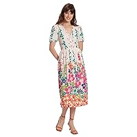 Donna Morgan Women's Colorful Floral and Vine Printed V-Neck Puff Sleeve Midi Dress