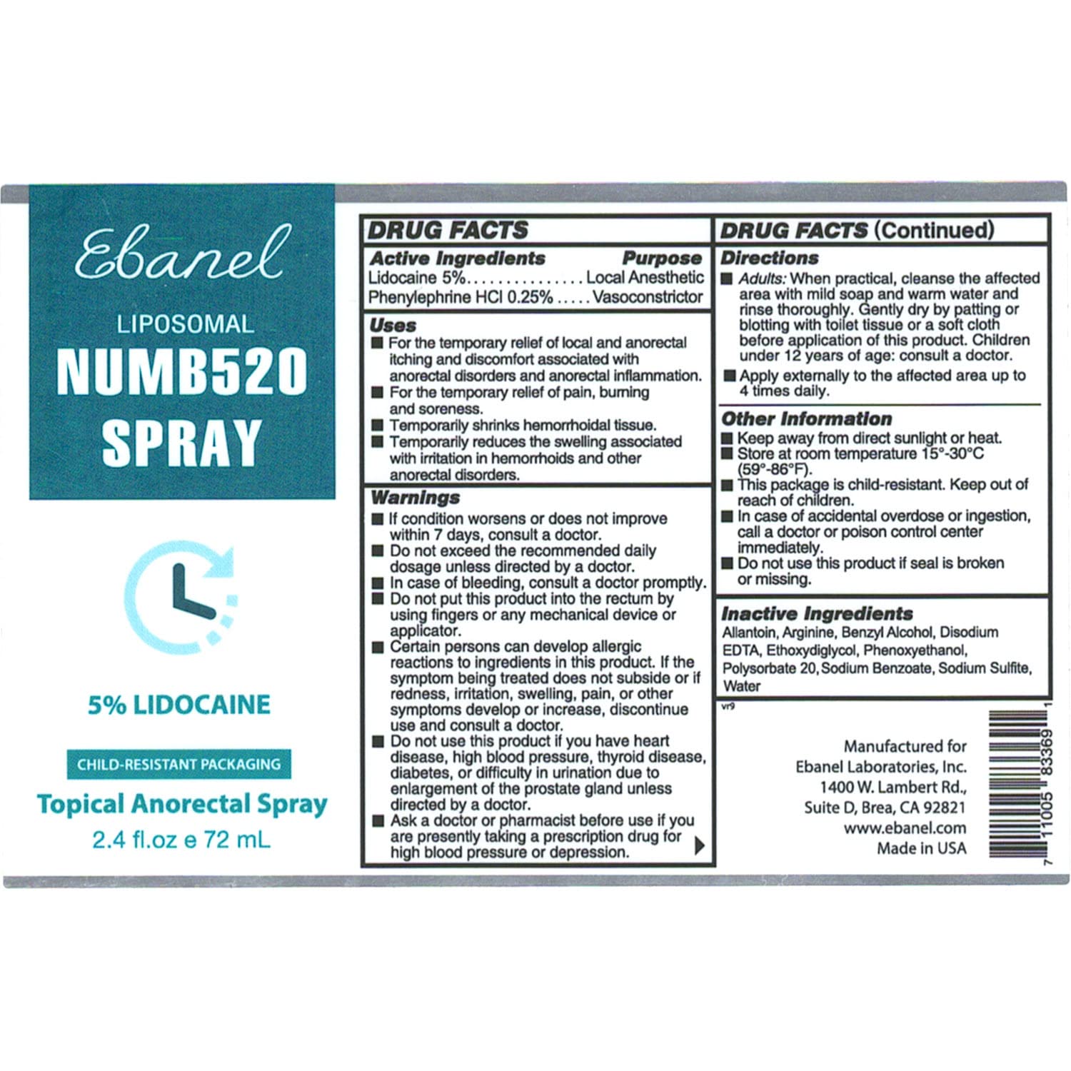 Ebanel 5% Lidocaine Spray Pain Relief Maximum Strength Liposomal Numb520 Numbing Spray 2.4Fl Oz Topical Anesthetic Hemorrhoid Treatment Spray with Phenylephrine, Arginine for Local and Anorectal Uses