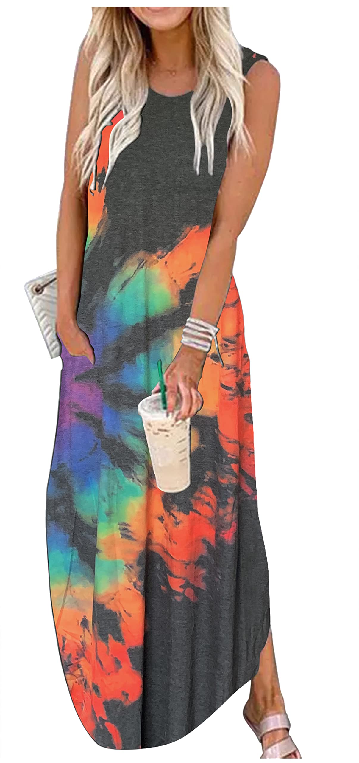 CHUNTIANRAN Women's Maxi Dress Summer Casual Sundress Sleeveless Long Dresses Hawaiian Beach Maxi Dress with Pockets